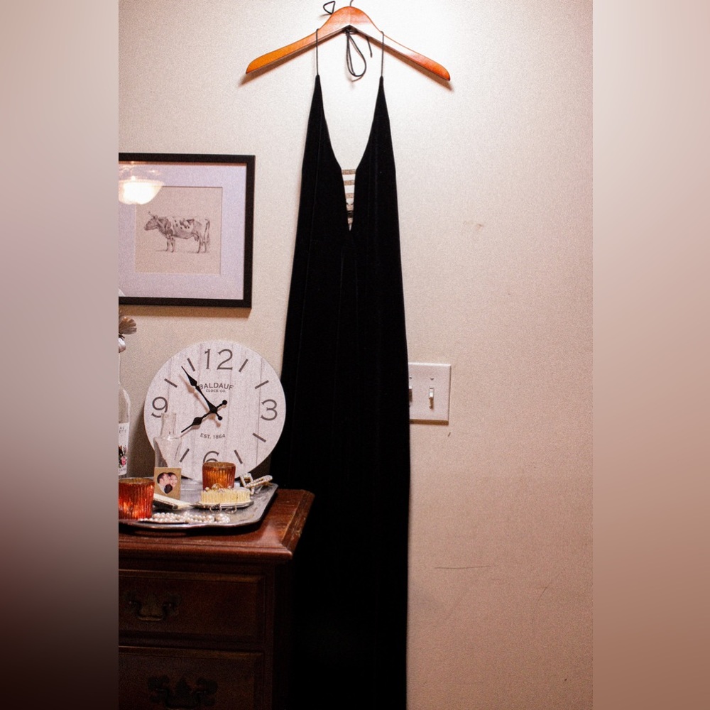 black velvet halter tie prom dress diamond detail